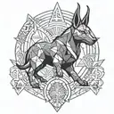 Create an abstract representation of the Egyptian god Anubis, guardian of the underworld, in a black-grey style with geometric shapes symbolizing balance and transition tattoo design idea