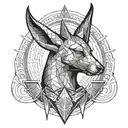 Create an abstract representation of the Egyptian god Anubis, guardian of the underworld, in a black-grey style with geometric shapes symbolizing balance and transition tattoo design idea