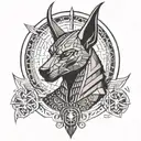 Create an abstract representation of the Egyptian god Anubis, guardian of the underworld, in a black-grey style with geometric shapes symbolizing balance and transition tattoo design idea
