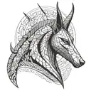 Create an abstract representation of the Egyptian god Anubis, guardian of the underworld, in a black-grey style with geometric shapes symbolizing balance and transition tattoo design idea