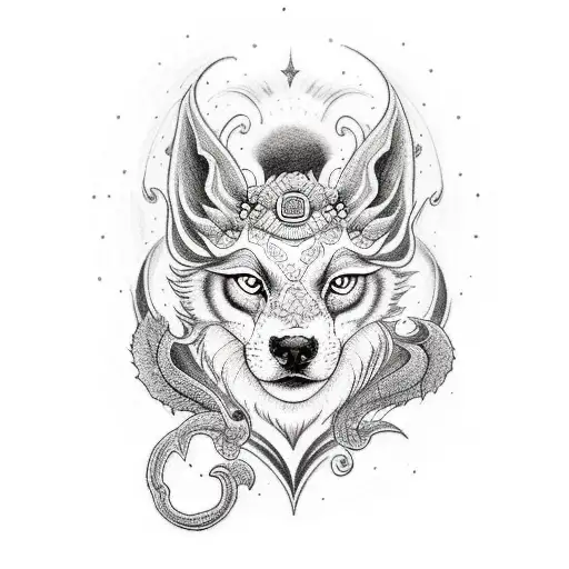 A dotwork tattoo featuring a stylized depiction of Cerberus with a celestial background, representing the connection between the mortal and divine realms tattoo design idea