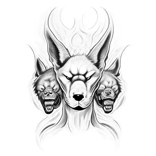 A black-grey tattoo showcasing the three heads of Cerberus with each head representing a different stage of life tattoo design idea