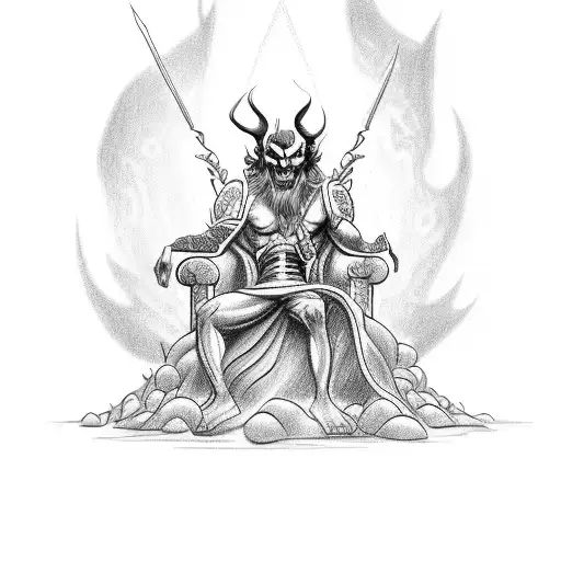 A sketch-style tattoo depicting Hades sitting on his throne in the Underworld, surrounded by souls tattoo design idea
