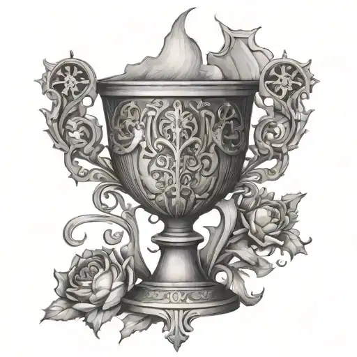 Sculptural representation of a chalice and holy grail with architectural elements incorporated tattoo design idea