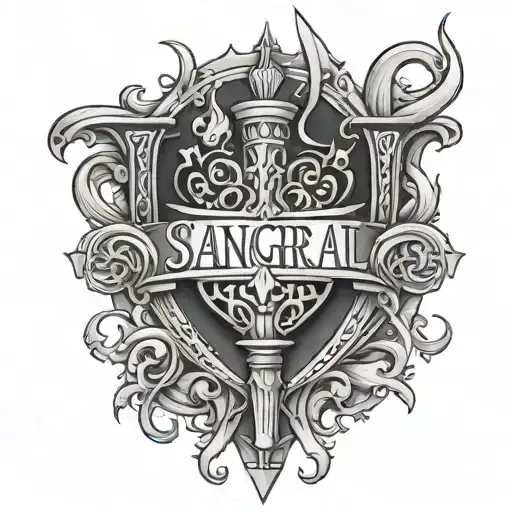 SANGREAL written in a stylized architectural font with a hidden chalice and holy grail design tattoo design idea
