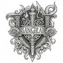 SANGREAL written in a stylized architectural font with a hidden chalice and holy grail design tattoo design idea