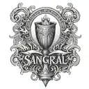 SANGREAL written in a stylized architectural font with a hidden chalice and holy grail design tattoo design idea