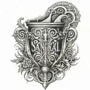 SANGREAL written in a stylized architectural font with a hidden chalice and holy grail design tattoo design idea
