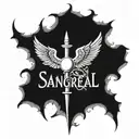 SANGREAL written in a stylized architectural font with a hidden chalice and holy grail design tattoo design idea