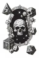 A DnD dungeon scene with a skull as the main focal point, surrounded by various D20 dice and Star Trek symbols hidden throughout the design tattoo design idea