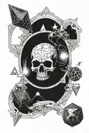A DnD dungeon scene with a skull as the main focal point, surrounded by various D20 dice and Star Trek symbols hidden throughout the design tattoo design idea