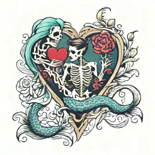 heart and mermaid  skeleton  tattoo design idea