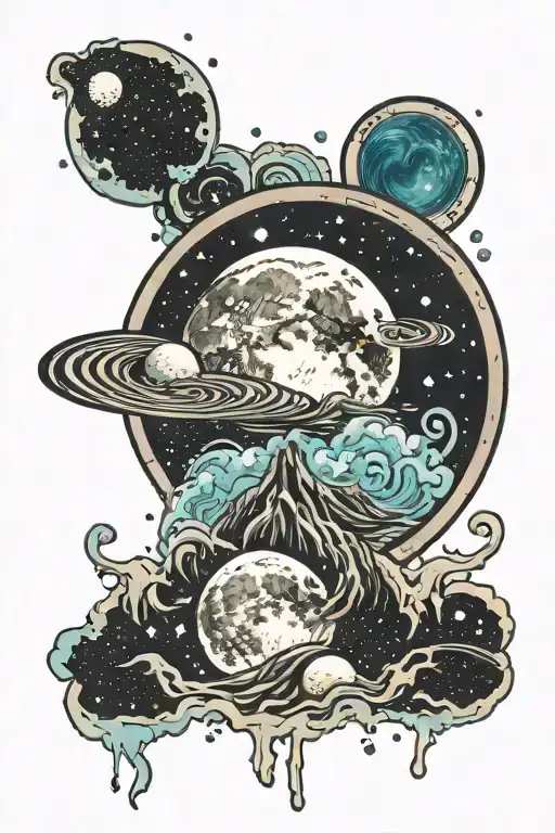 space, earths moon with water bending tattoo design idea