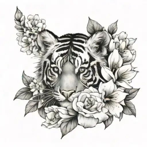 Tiger Cub surrounded by flowers blooming tattoo design idea