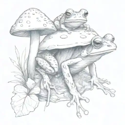 A scientific illustration of a frog and mushroom interacting in a natural setting tattoo design idea