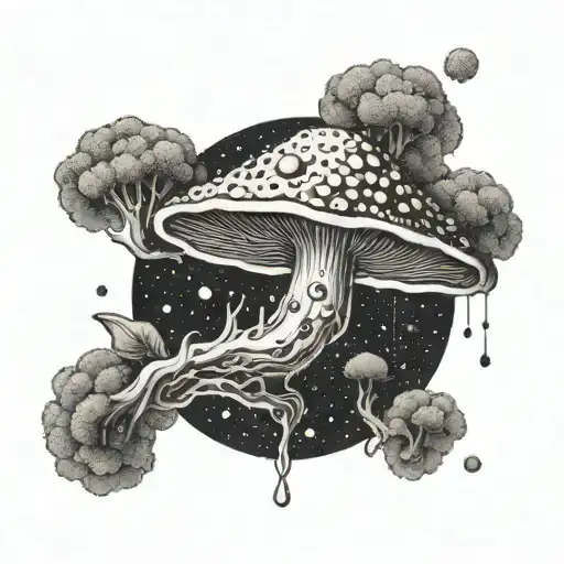 A dotwork design featuring a scientific diagram of a mushroom spore releasing into the air tattoo design idea