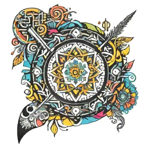 Colorful surreal mandala design made of art supplies, musical notes and motorcycle parts surrounded by intricate inspiration and danger graphics and Infinite Progress decorative font typography tattoo design idea