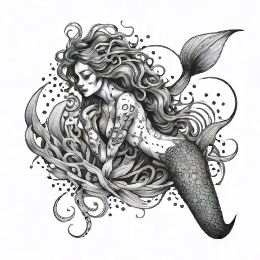 A surreal tattoo of a killer mermaid transforming into a human tattoo design idea