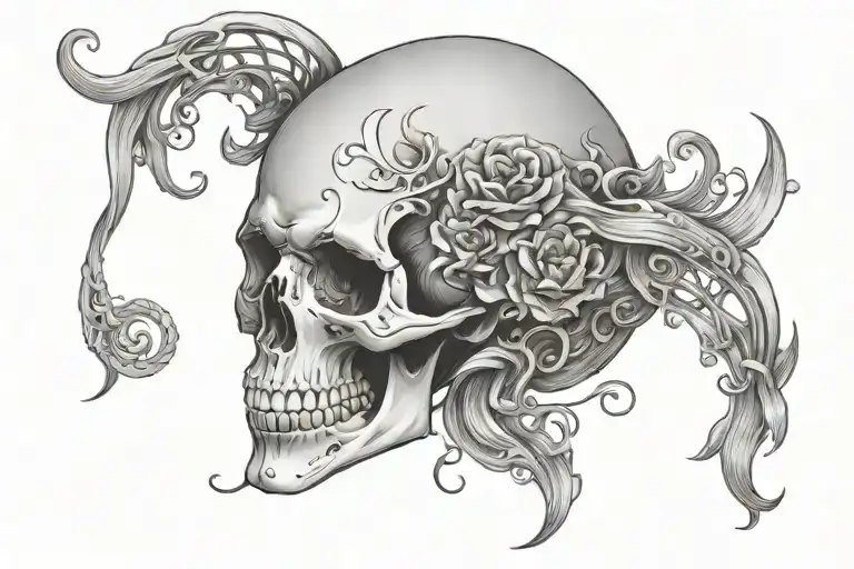 An intricate design of a mermaid skull intertwined with iconic symbols from your favorite gore movies, blending fantasy and horror elements tattoo design idea