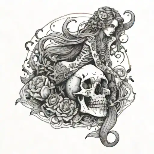 Combine the concept of a skeleton with a mermaid in a hauntingly beautiful way tattoo design idea