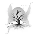 Weeping willow tree, woman meditating doing yoga, trunk body, butterflies tattoo design idea