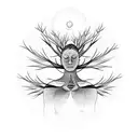 Weeping willow tree, woman meditating doing yoga, trunk body, butterflies tattoo design idea
