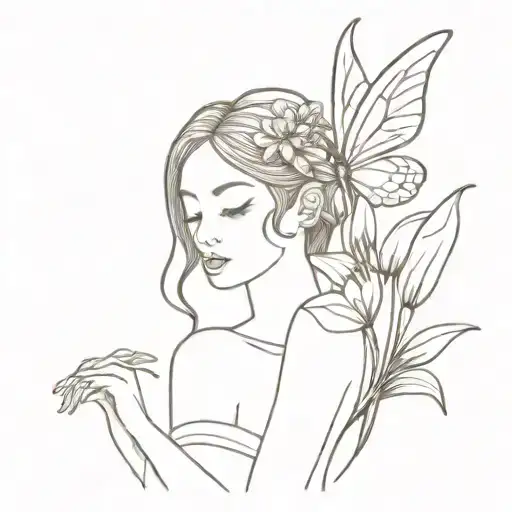 fairy with wings holding tiger lily flower bouquet tattoo design idea