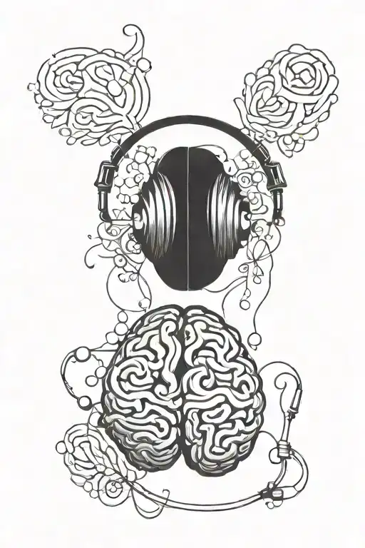 human brain wearing headphones connected to the human heart  tattoo design idea