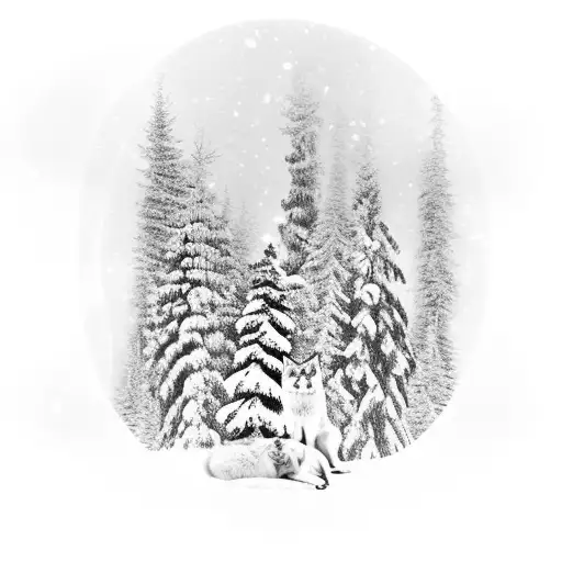 A mystical snowy forest with a pack of wolves and cats coexisting peacefully, representing the client's love for winter, snow, dogs, and cats tattoo design idea
