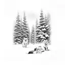 A mystical snowy forest with a pack of wolves and cats coexisting peacefully, representing the client's love for winter, snow, dogs, and cats tattoo design idea