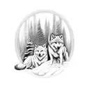 A mystical snowy forest with a pack of wolves and cats coexisting peacefully, representing the client's love for winter, snow, dogs, and cats tattoo design idea