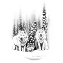 A mystical snowy forest with a pack of wolves and cats coexisting peacefully, representing the client's love for winter, snow, dogs, and cats tattoo design idea
