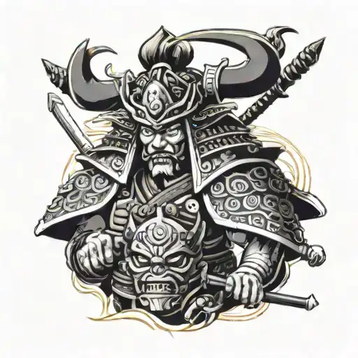 samurai warrior holding a monster's head, with intricate eye details tattoo design idea
