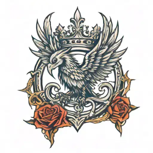 five prong crown wearing,  pheonix rising from broken chains wrapped loosley tattoo design idea