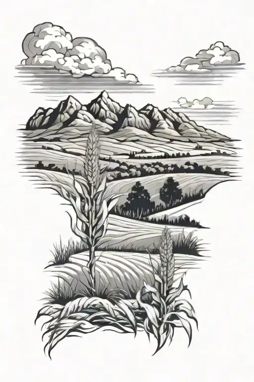 Corn field and mountains tattoo design idea