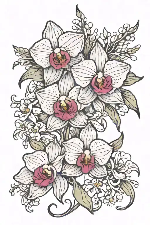 orchid, heather, daisy flowers intertwined tattoo design idea