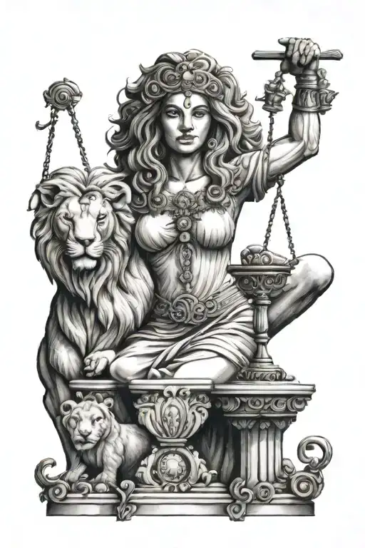 lion, ram, virgo goddess, libra scales tattoo design idea