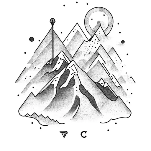 Mountain Scene with an orienteering compass tattoo design idea