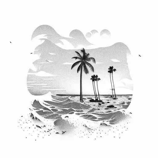 A serene beach scene with palm trees and crashing waves tattoo design idea