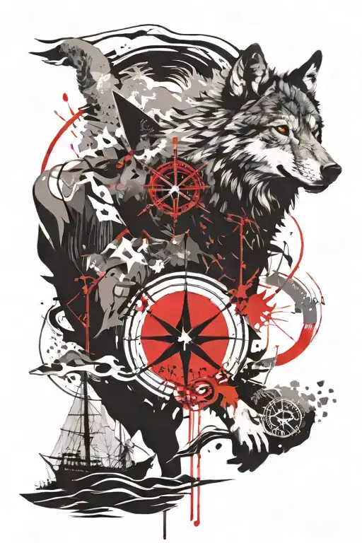 A wolf silhouette with a compass rose and waves tattoo design idea