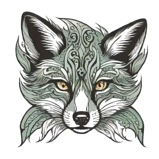 Head of a Fox, Frontview in Black and Grey and green eyes tattoo design idea