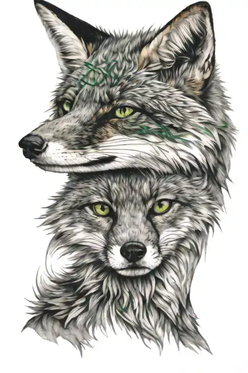Head of a Fox with green eyes, Frontview in Black and Grey  tattoo design idea