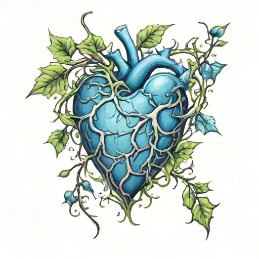 blue heart with green vine with bloody thorns wrapped tightly around heart  tattoo design idea