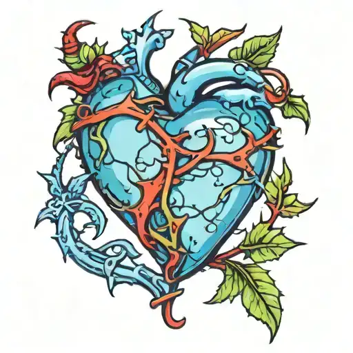blue heart with green vine with red bloody thorns wrapped tightly around heart  tattoo design idea