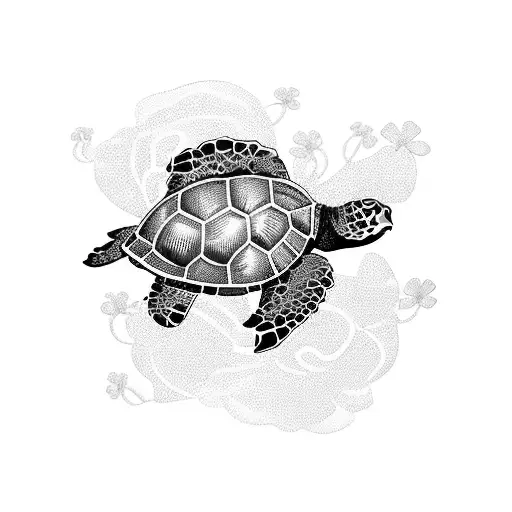 A Hawaiian sea turtle swimming among hibiscus flowers tattoo design idea