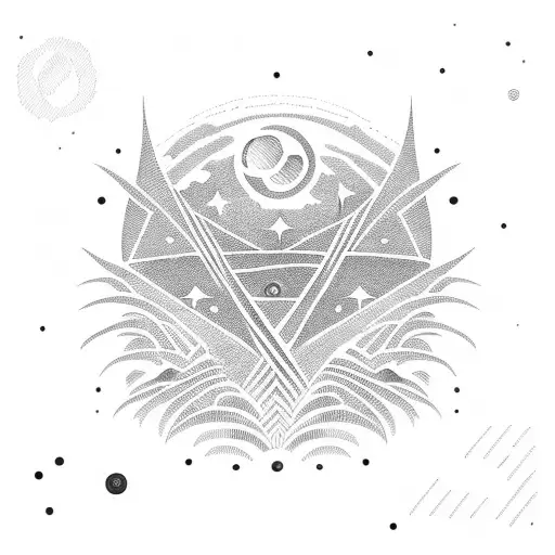 palm fronds, geometric patterns, long black line, sloth, sunset, volcano, waves, orion's belt stars tattoo design idea