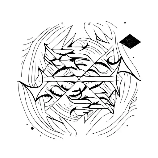 palm fronds, geometric patterns, long black line, sloth, sunset, volcano, waves, orion's belt stars tattoo design idea