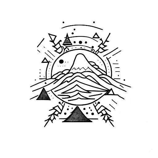 Minimalist, volcano, black line, orion's belt, sea wave, lake, sierpinksi triangle, sloth tattoo design idea