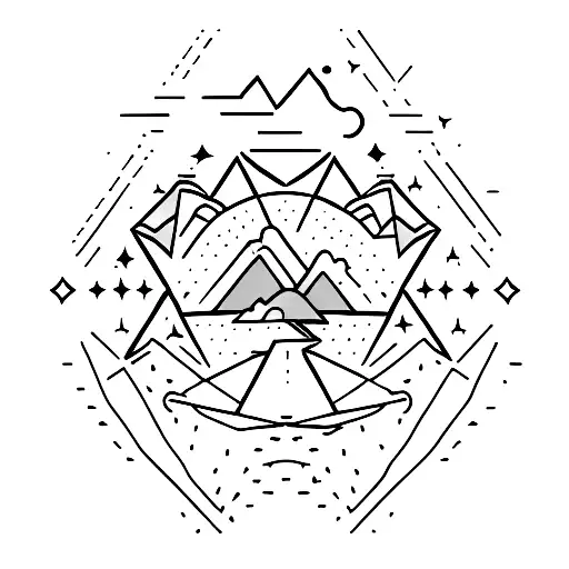 volcano, geometric patterns, long black line, sloth, sunset, volcano, waves, orion's belt stars tattoo design idea