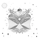 palm fronds, geometric patterns, long black line, sloth, sunset, volcano, waves, orion's belt stars tattoo design idea